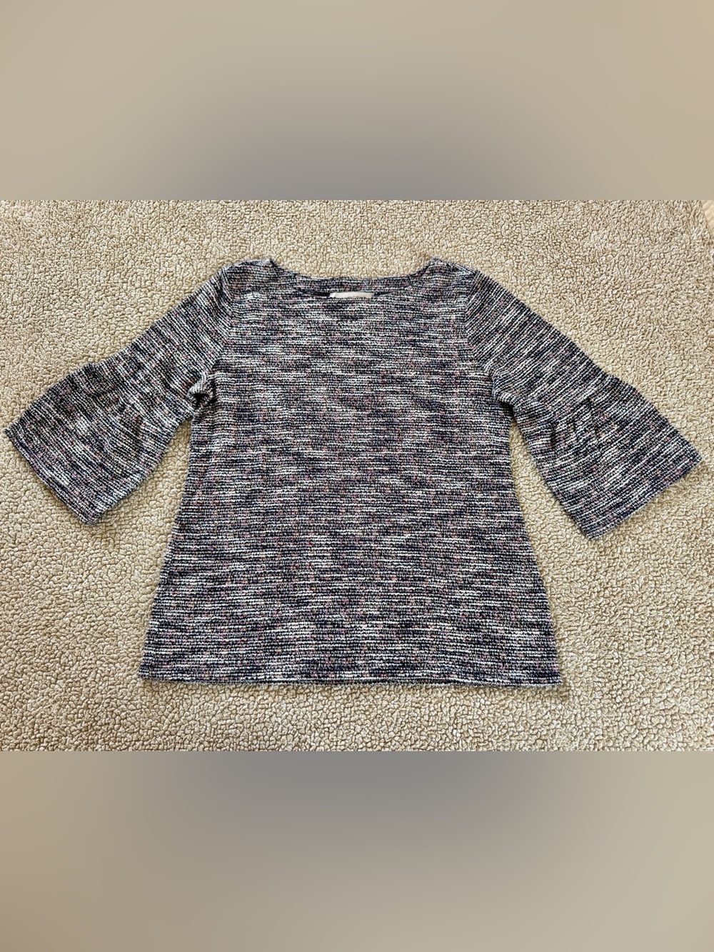 LOFT Tweed Bell Sleeve Top Medium Navy Multicolor Classic Preppy Career